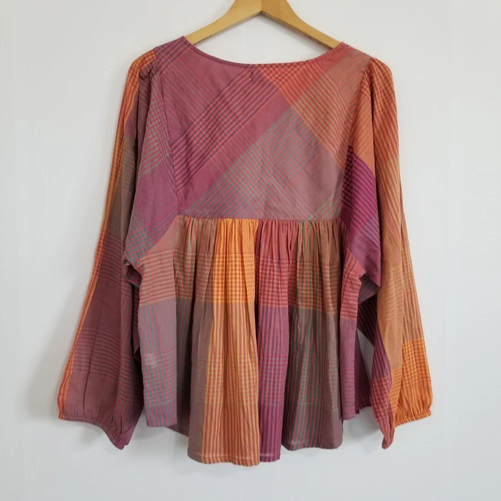 World Market Boho Checker Print Plaid Balloon Sleeve Blouse Size L/XL - Picture 5 of 8